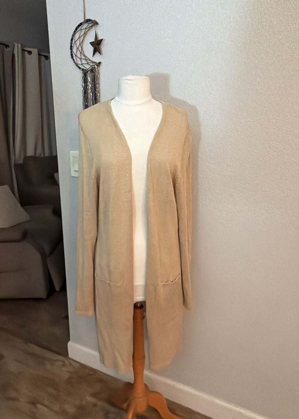 Premise Women's Tan Open-Front Long Duster Cardigan with Pockets